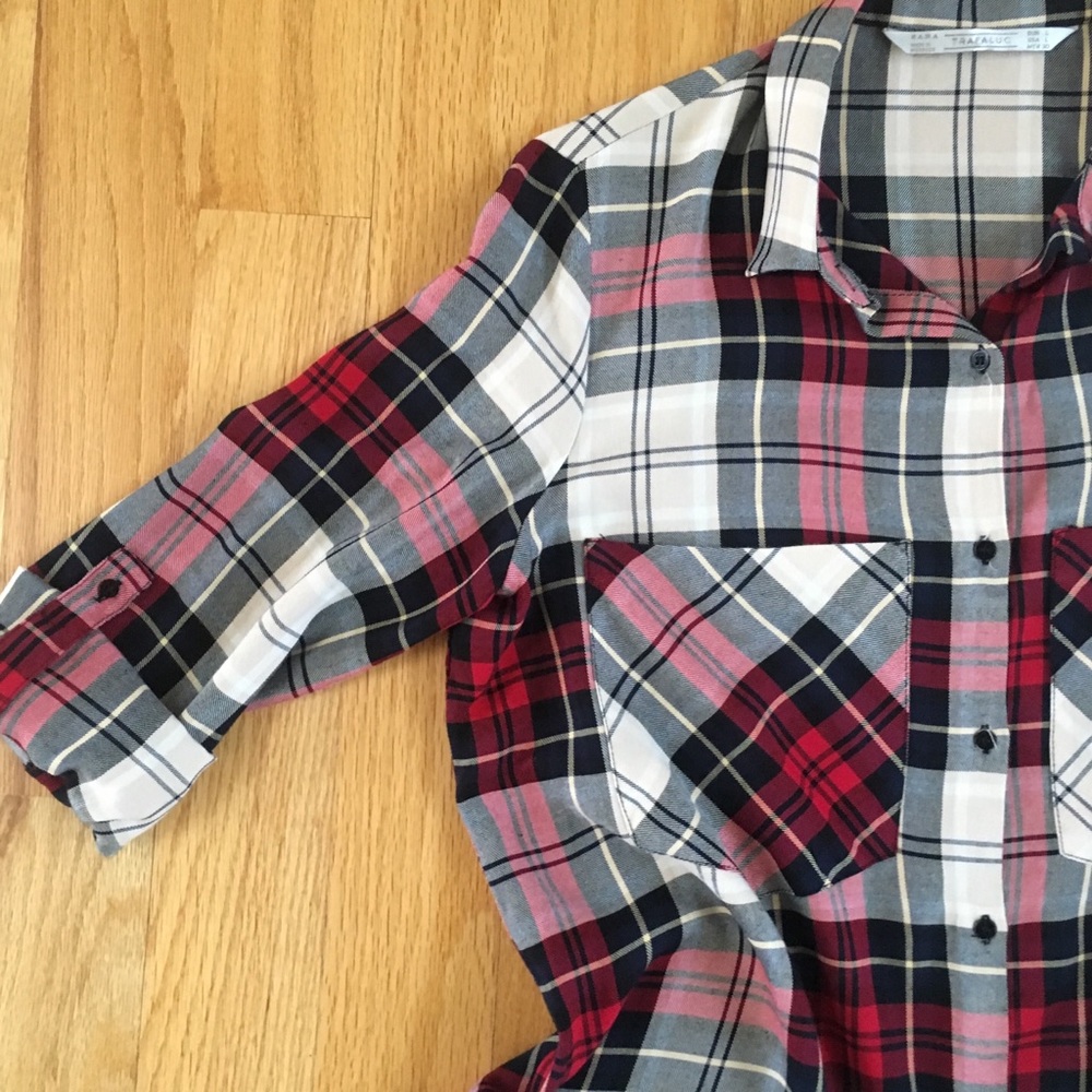 Red black and beige flannel print shirt